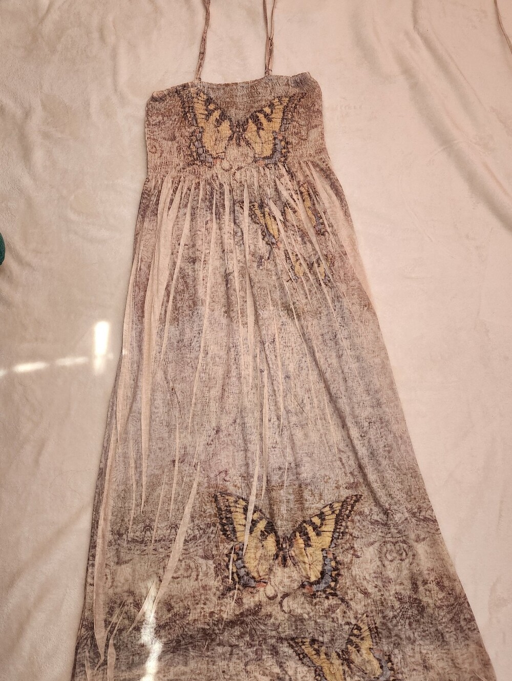 India Boutique Beige Butterfly-Print Spaghetti-Strap Maxi Dress